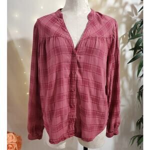 Cloth & Stone Anthropologie Plaid Button Shirt Size L Pink Cowgirl Country Rodeo